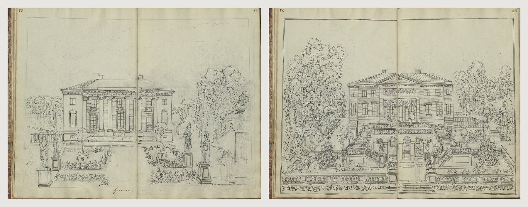 Zwei Doppelseiten aus den Skizzenbüchern von John Hall d. J. mit Schloss Gunnebo: die nördliche Eingangsfassade mit Säulenportikus, Statuen und Kübelbäumen, beschriftet Gunnebo, und die südliche Gartenfassade mit doppelter Freitreppe