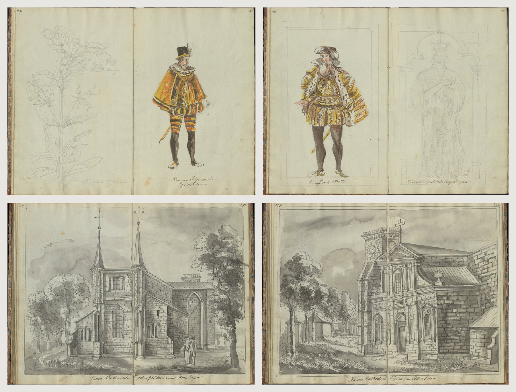 Vier Doppelseiten aus den Skizzenbüchern von John Hall d. J.: König Sigismund und Erik XIV. in Aquarell nach Vorlagen auf Gripsholm sowie der Dom zu Skara vom Chor und von der Nordseite und von der Südseite, in grauer Lavierung