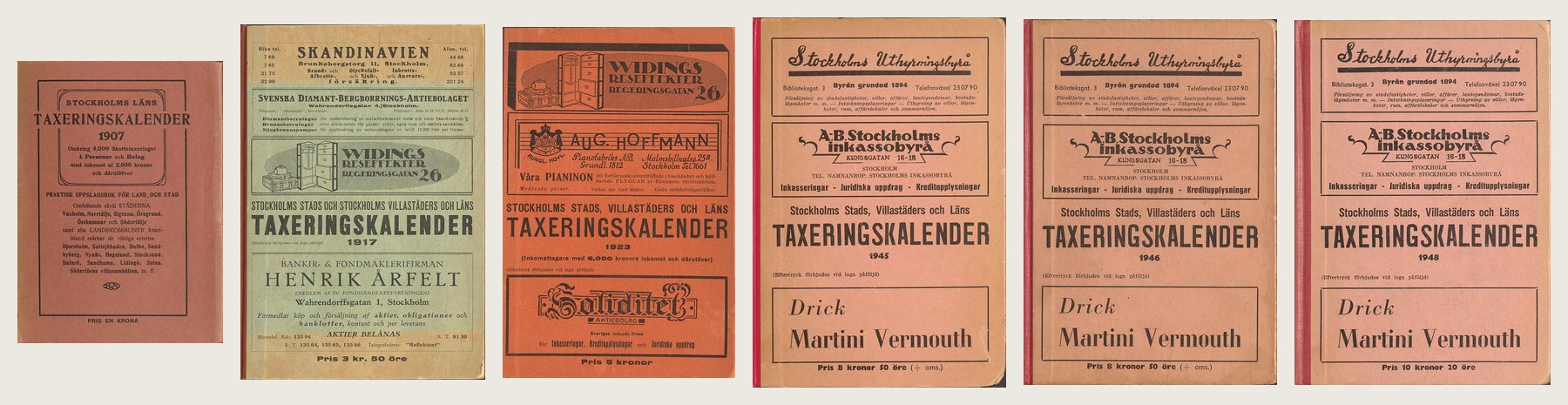 Collage of the front covers of six Stockholm tax assessment calendars from 1907, 1917, 1923, 1945, 1946 and 1948