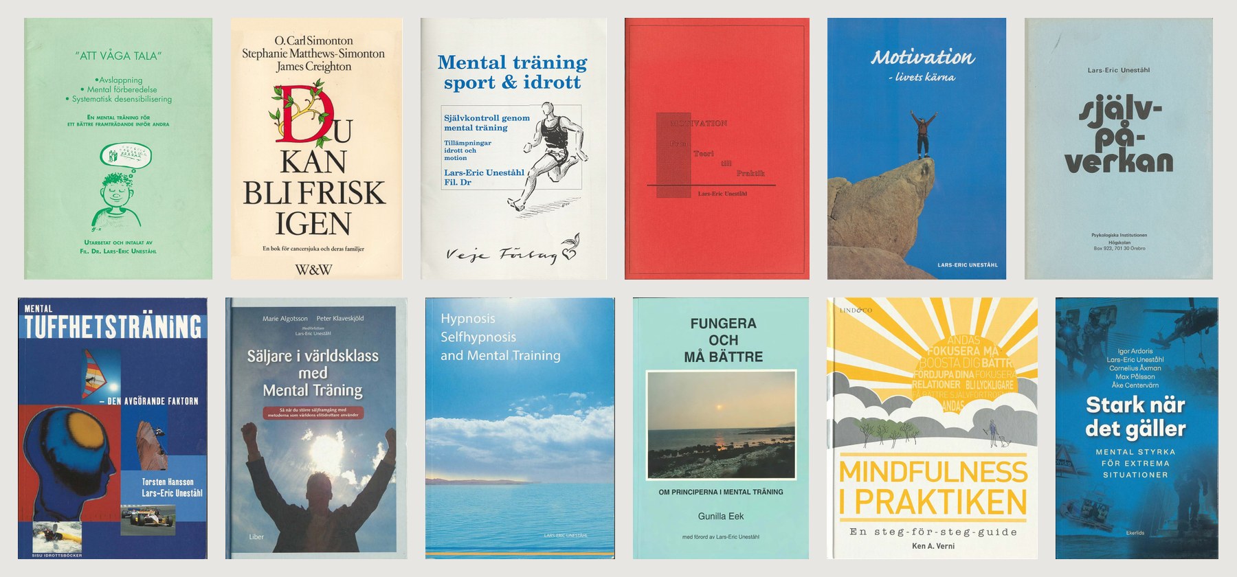 Collage af forsiderne på tolv bøger og småskrifter af og med Lars-Eric Uneståhl: Att våga tala, Du kan bli frisk igen, Mental träning sport & idrott, Motivation, Självpåverkan, Mental tuffhetsträning, Säljare i världsklass, Hypnosis Selfhypnosis and Mental Training, Fungera och må bättre, Mindfulness i praktiken og Stark när det gäller